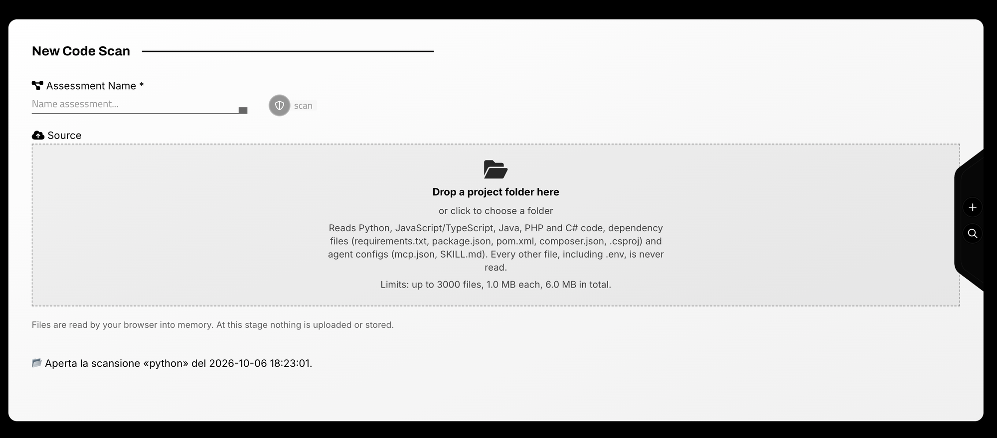 Schermata New Code Scan di Predator con area di caricamento della cartella di progetto e linguaggi supportati