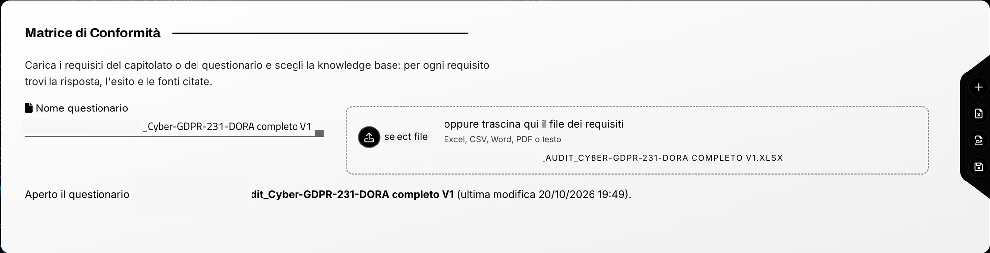 Schermata Matrice di Conformità di OneTouch con il caricamento del file dei requisiti