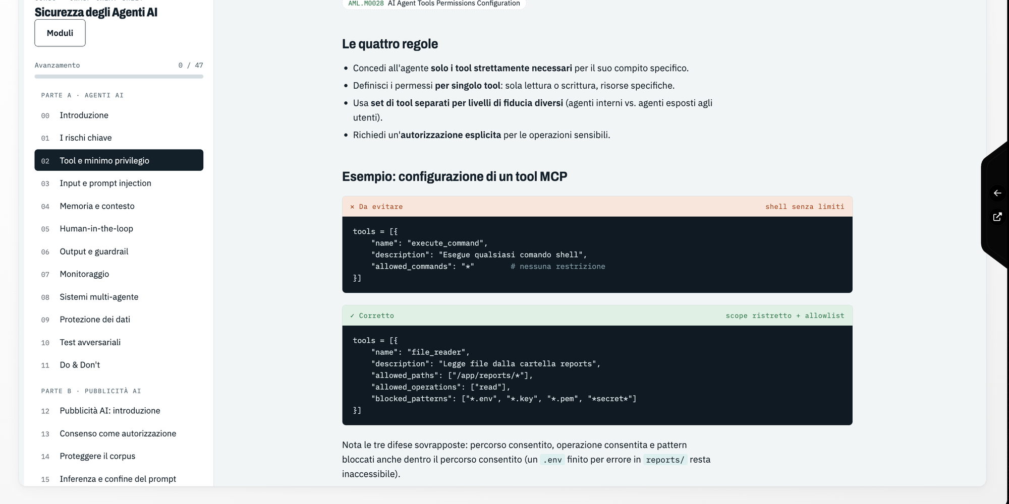 Corso Sicurezza degli Agenti AI: tool e minimo privilegio, con esempio di configurazione di un tool MCP