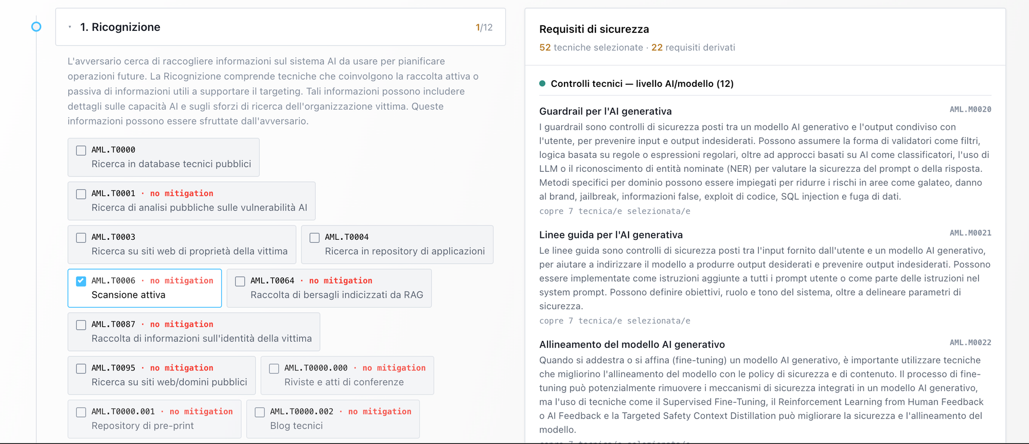 Tecniche MITRE ATLAS selezionate e requisiti di sicurezza derivati dalle mitigazioni