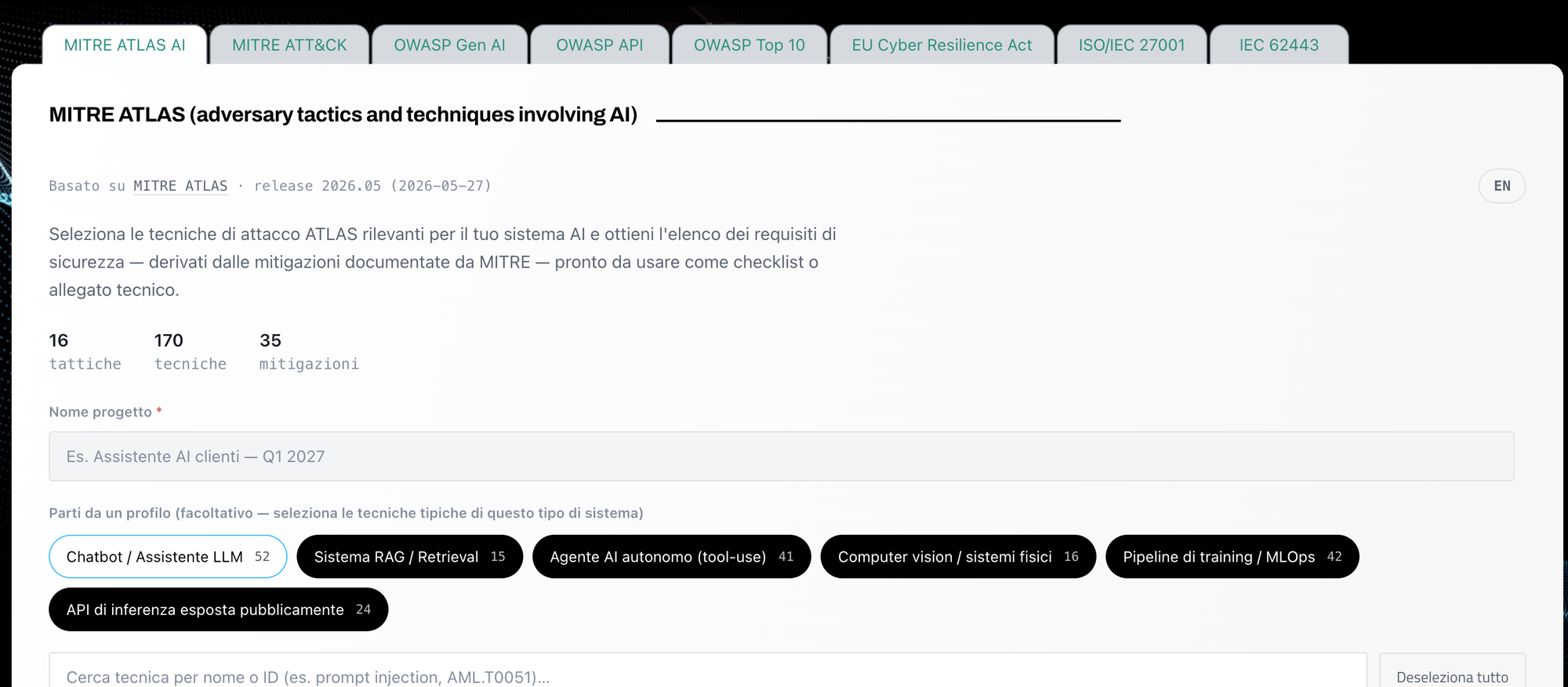 Emissione dei requisiti di sicurezza: framework disponibili e profili di sistema AI basati su MITRE ATLAS